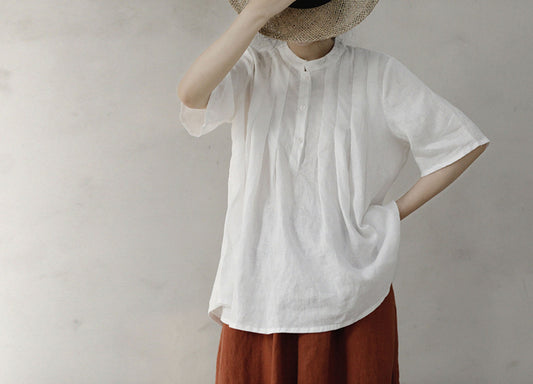 edoa White Pleated French Linen Top