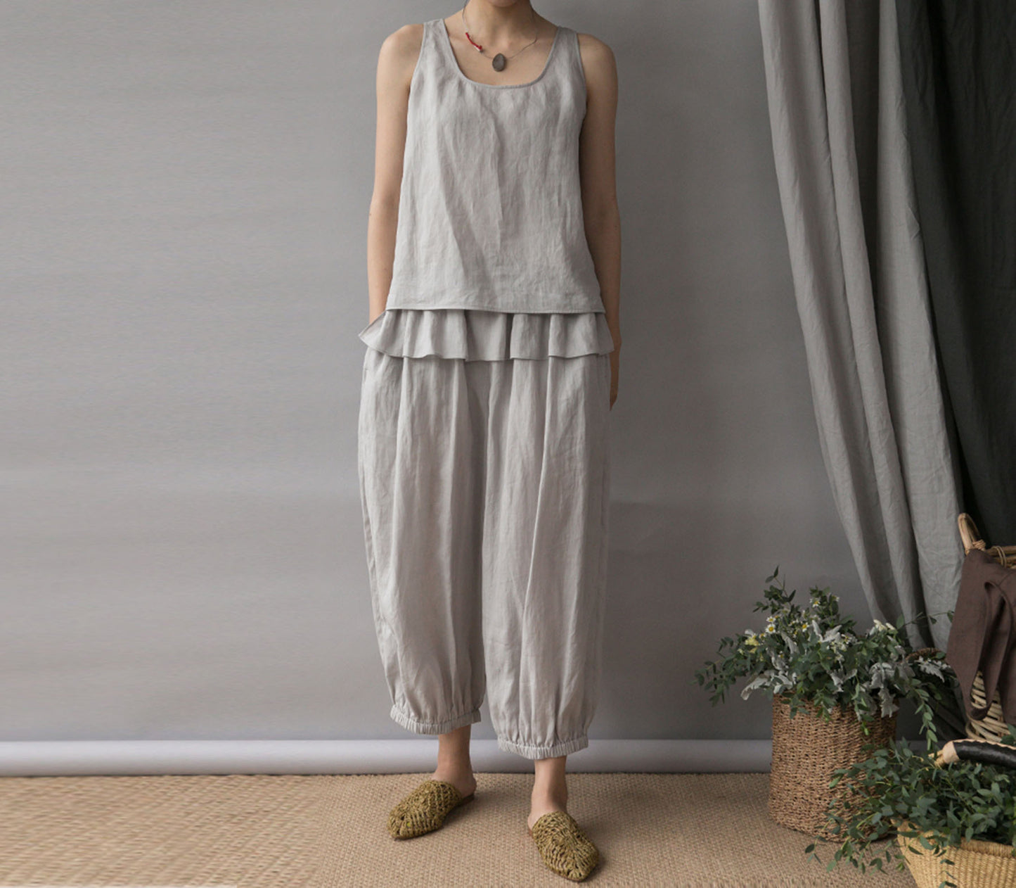 edoa Thin Ramie Lattern Pants