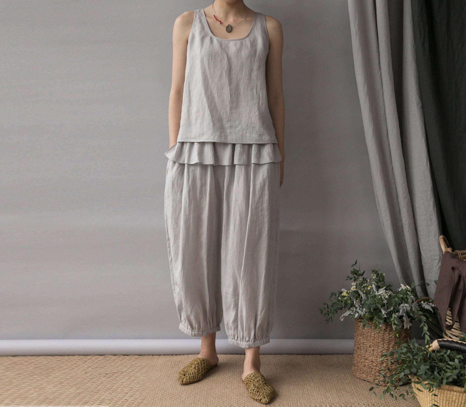 edoa Thin Ramie Lattern Pants