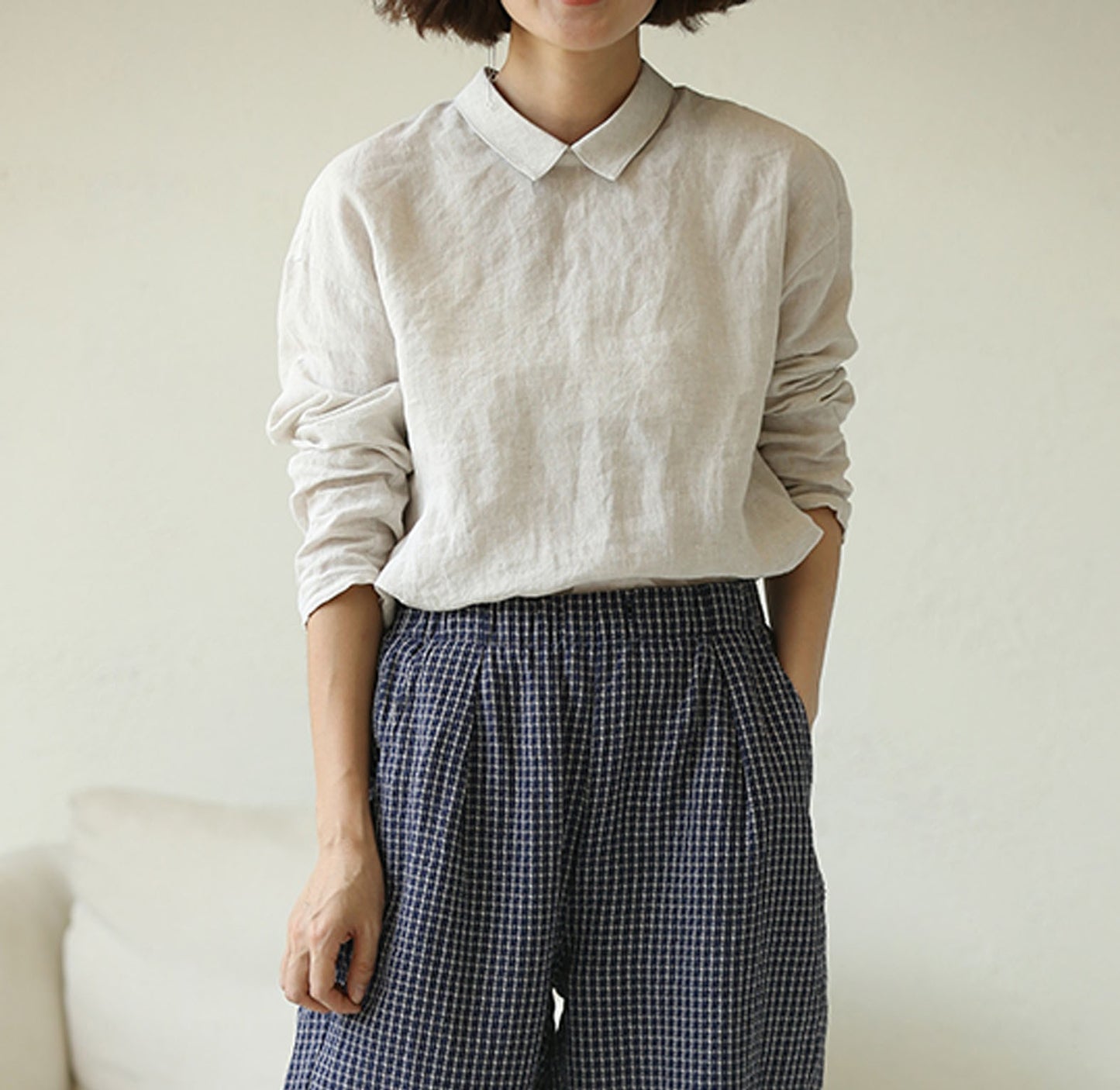 edoa Washed Linen Long Sleeve Blouse
