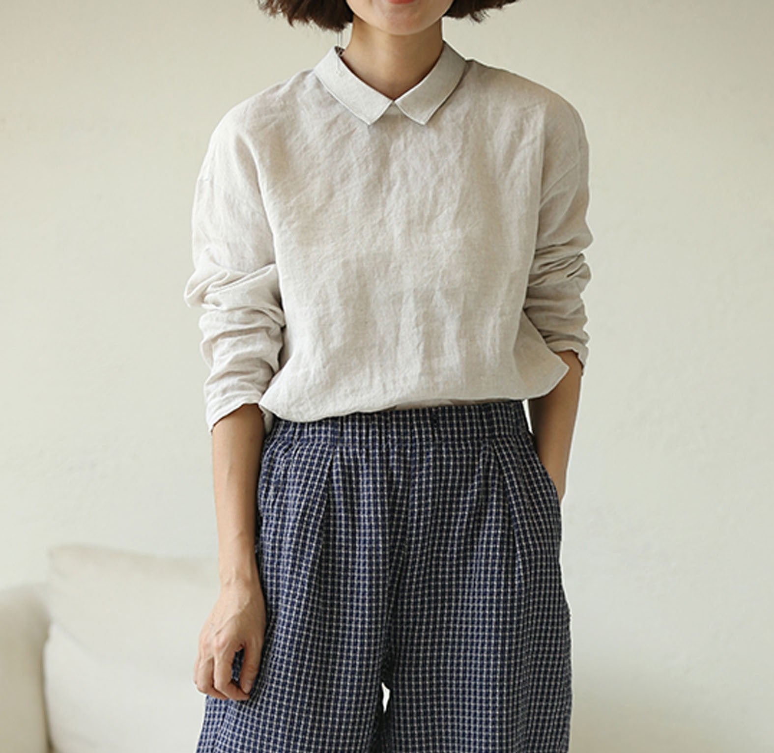 edoa Washed Linen Long Sleeve Blouse