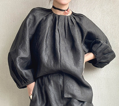 edoa Loose Cracked Mud Silk Bracelet Puff Sleeve Pleated Top