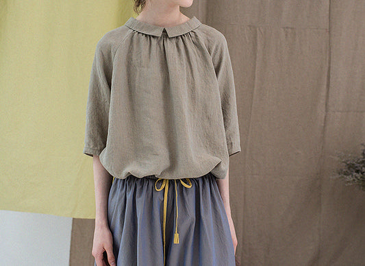 edoa Revesible Yarn dyed French Linen Peterpan Collar Blouse with Gather Neck