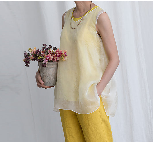 edoa White Mulberry Silk Organza Tank Top