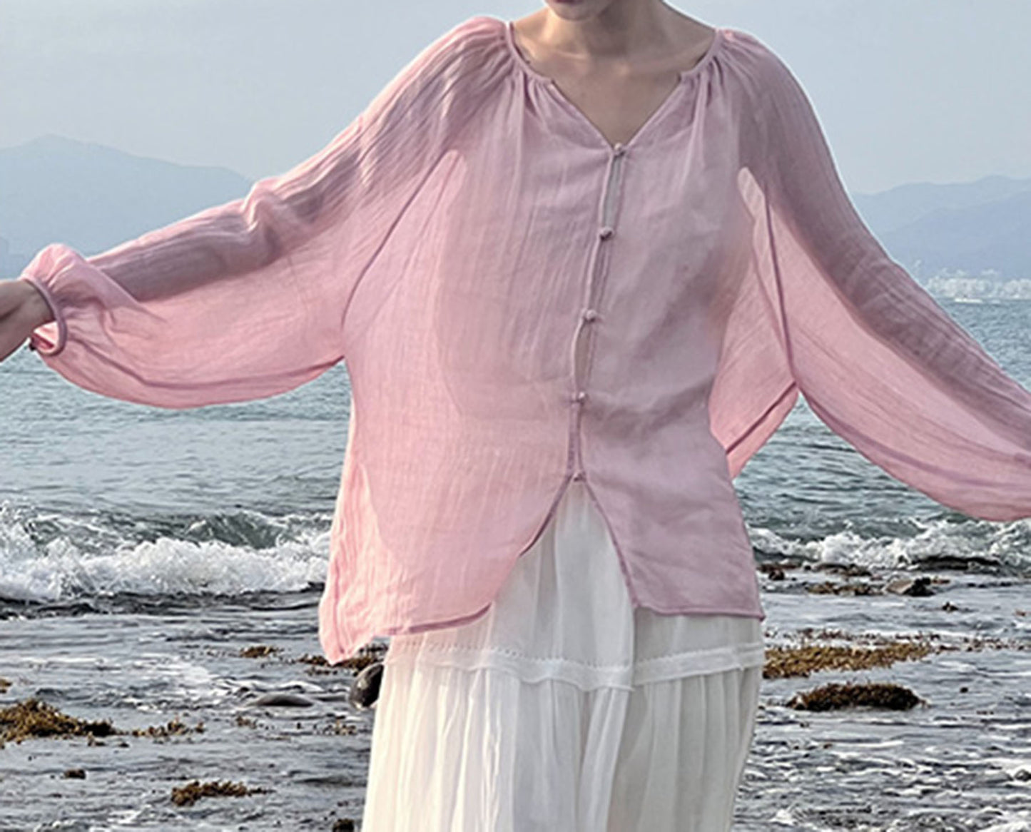edoa Loose Pink Crinkled Ramie Rayon Blend Chinese Blouse