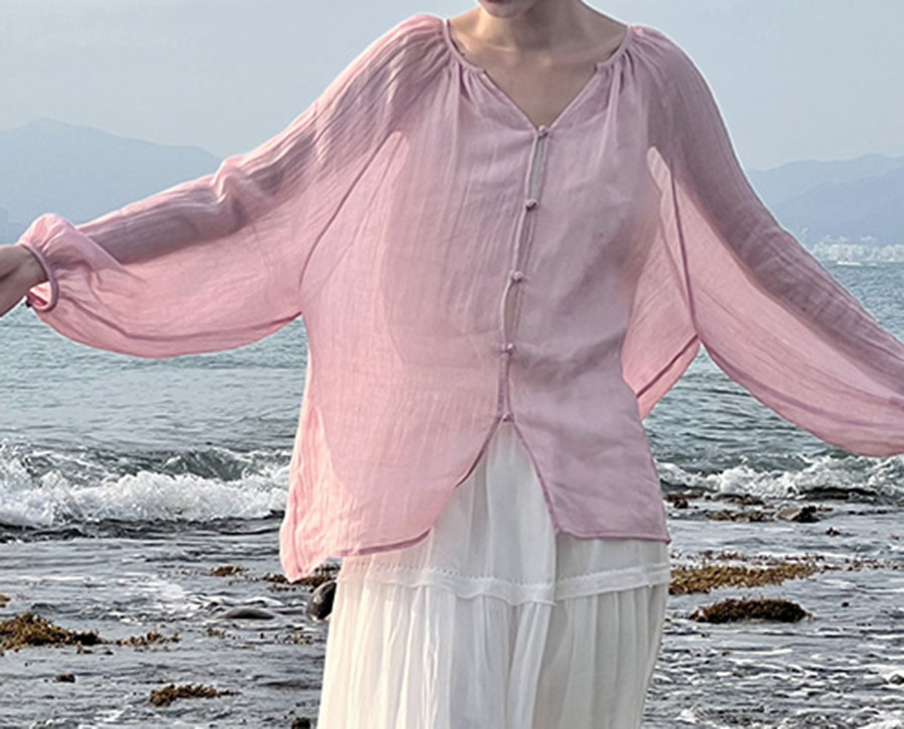 edoa Loose Pink Crinkled Ramie Rayon Blend Chinese Blouse