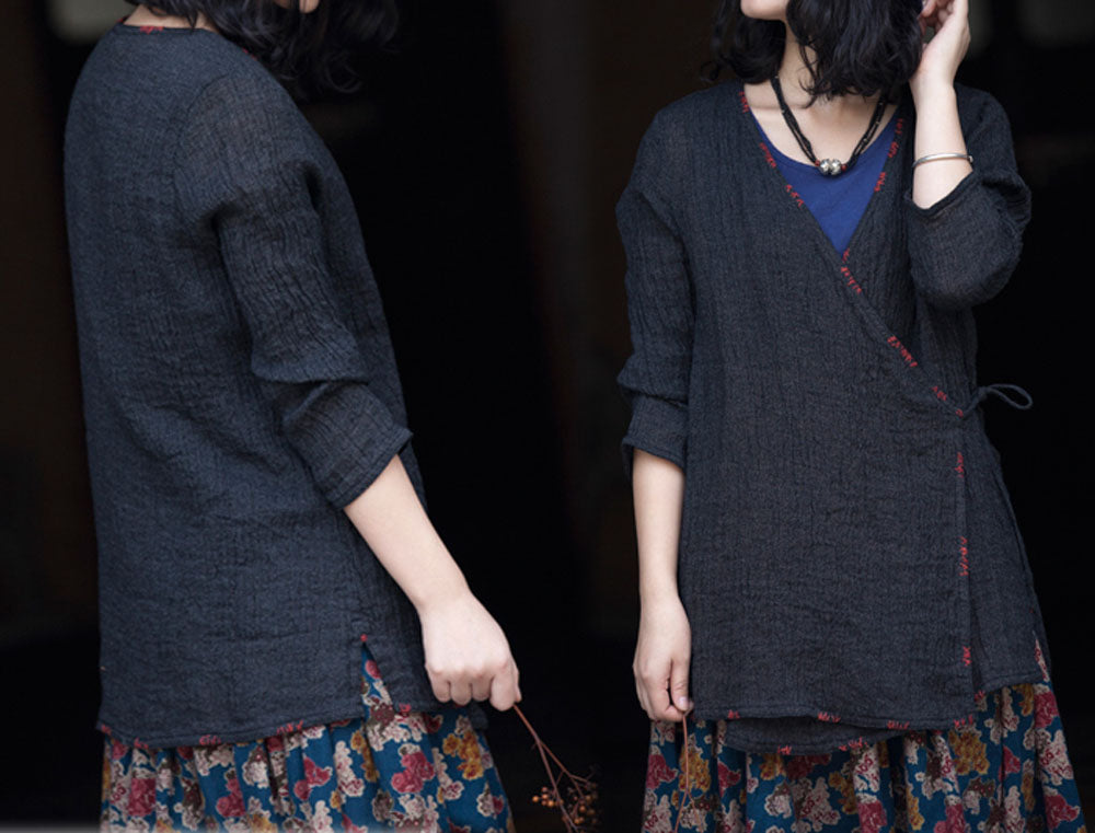 edoa Textured Linen Cardigan with Hand Embroidery