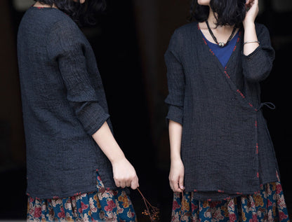 edoa Textured Linen Cardigan with Hand Embroidery