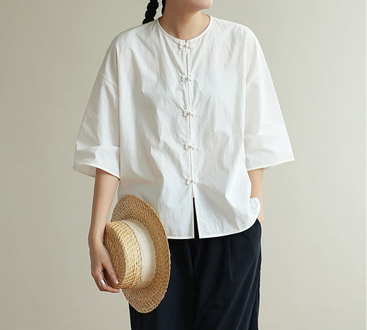 edoa 3/4 Sleeves Paper Cotton Round Neck Chinese Shirt 