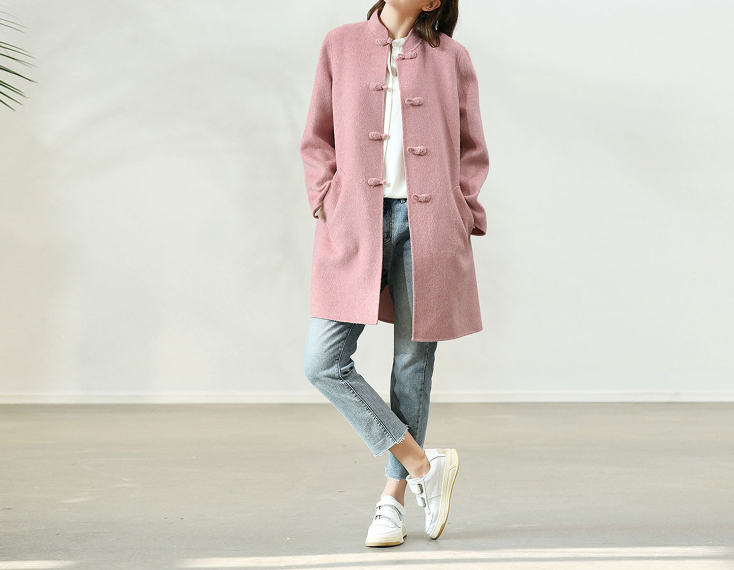 edoa Pink Double-faced Wool Chinese Coat 
