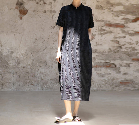 edoa Crinkled Stripe Linen Blend Qipao Dress