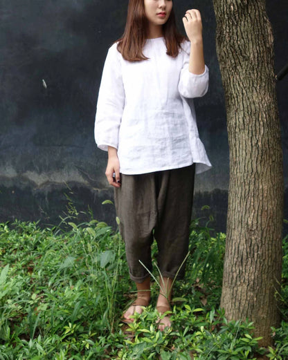 edoa Linen Peplum Top with Back Ruffled Hem