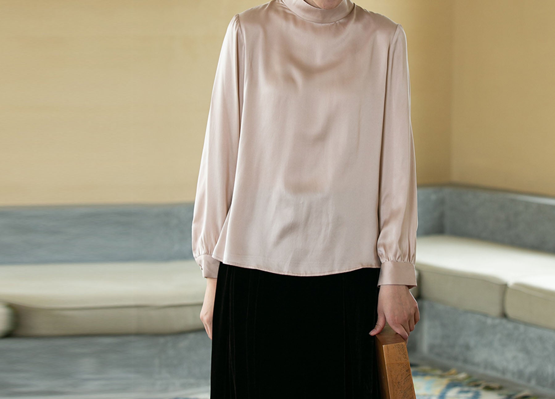 edoa Silk Satin High Collar Blouse