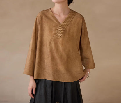 edoa Distressed Plant Dye Silk Charmeuse Chinese Blouse