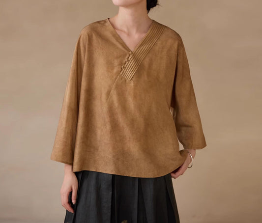 edoa Distressed Plant Dye Silk Charmeuse Chinese Blouse