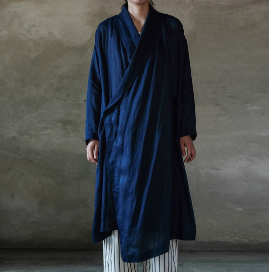 edoa Indigo-dyed Ramie Shawl Collar Coat
