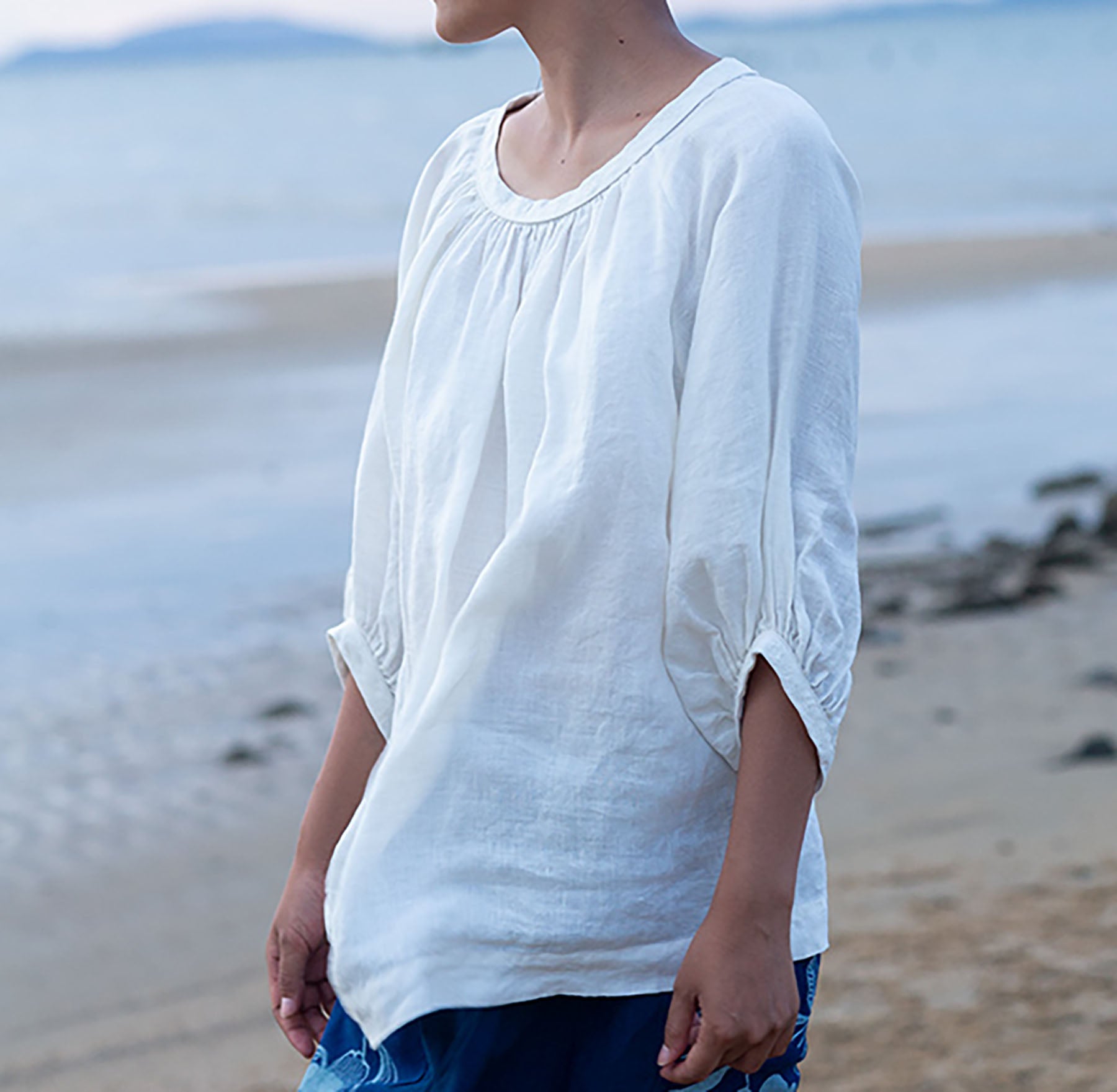 edoa Loose Fitting Linen Lantern Sleeves Gather Blouse