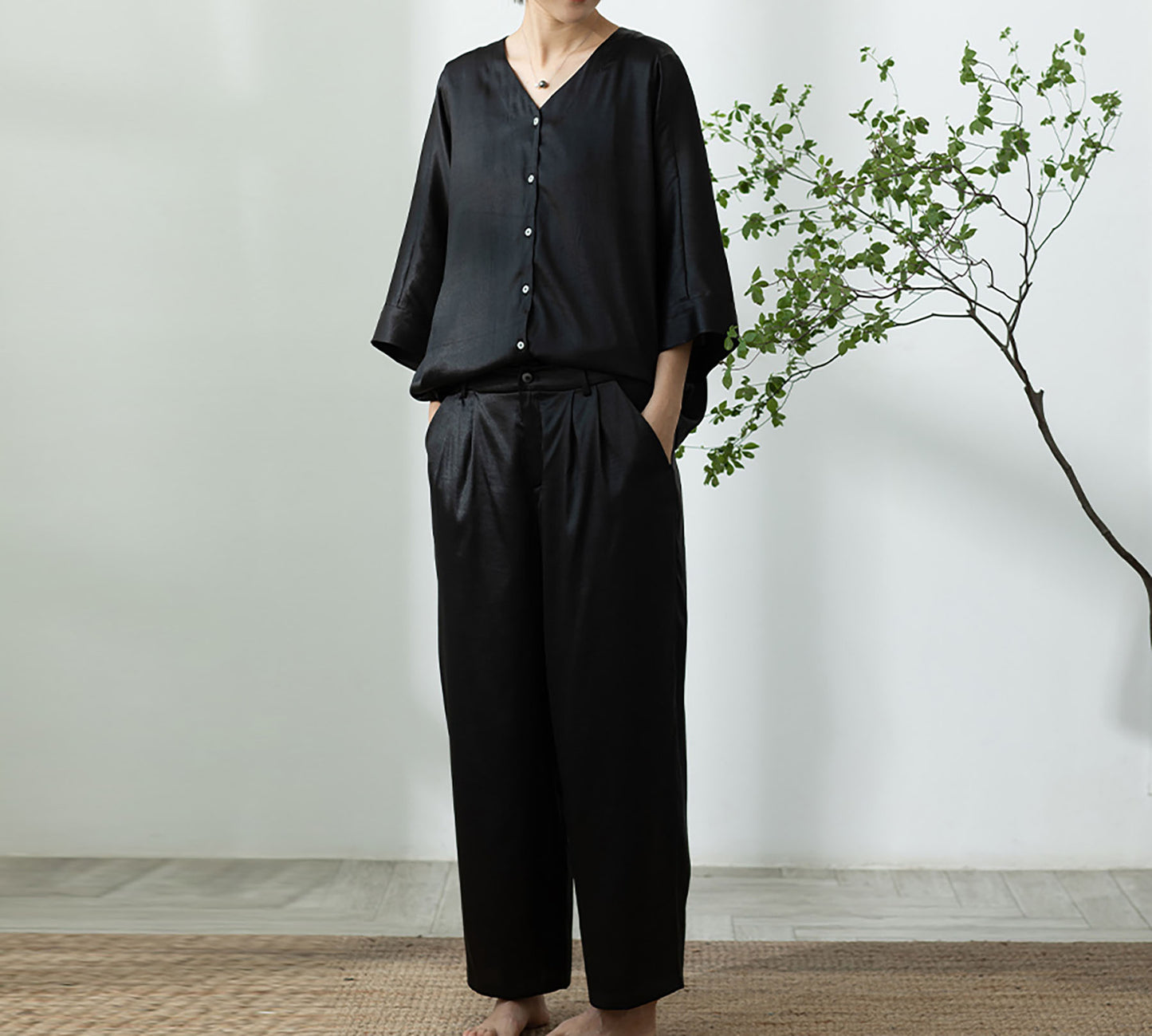 Mud Silk Charmeuse Wide-leg Pleated Pants pa0167 D092