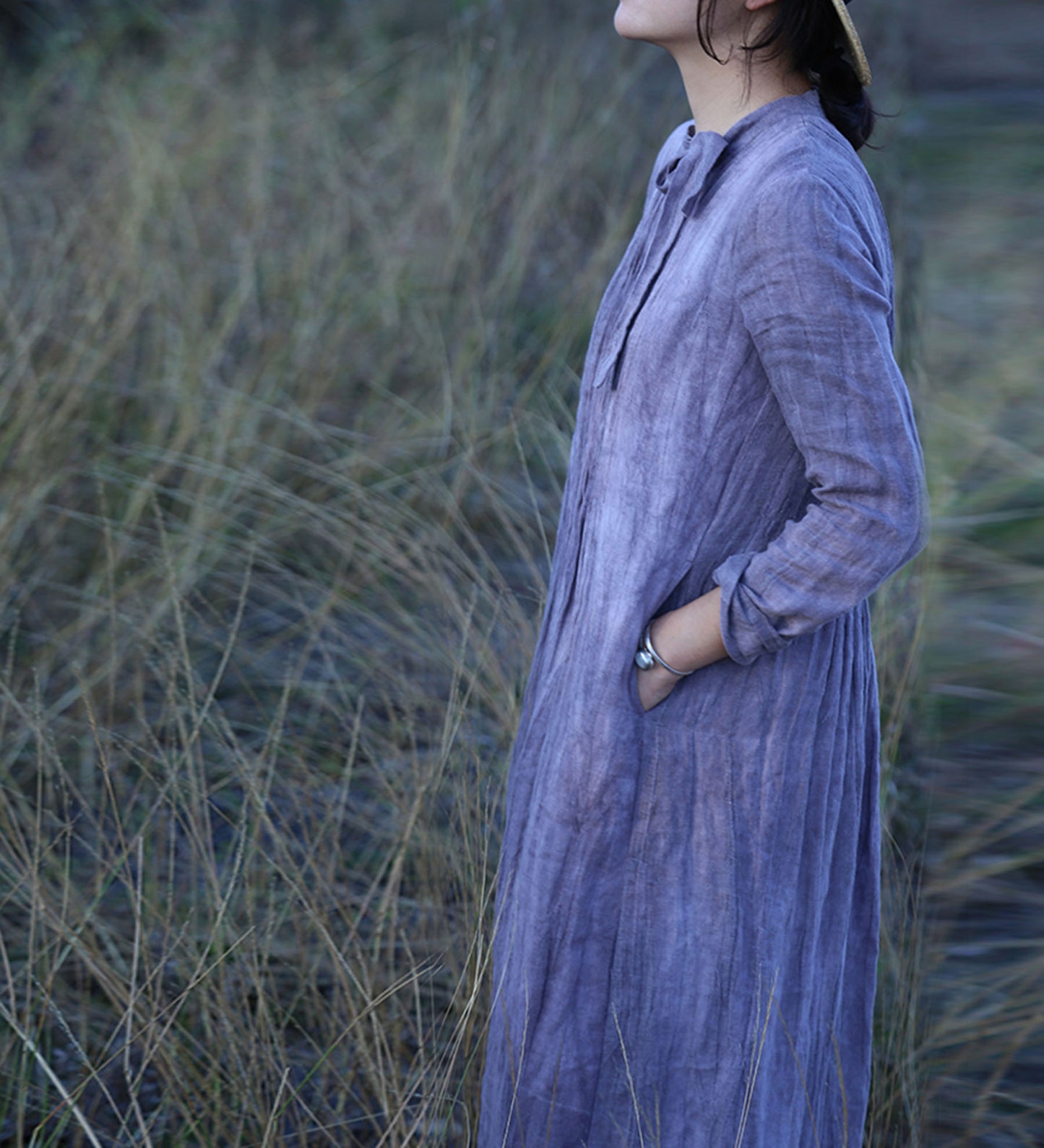 edoa Pintucked Ribbon Collar Distressed Crinkled Linen Dress