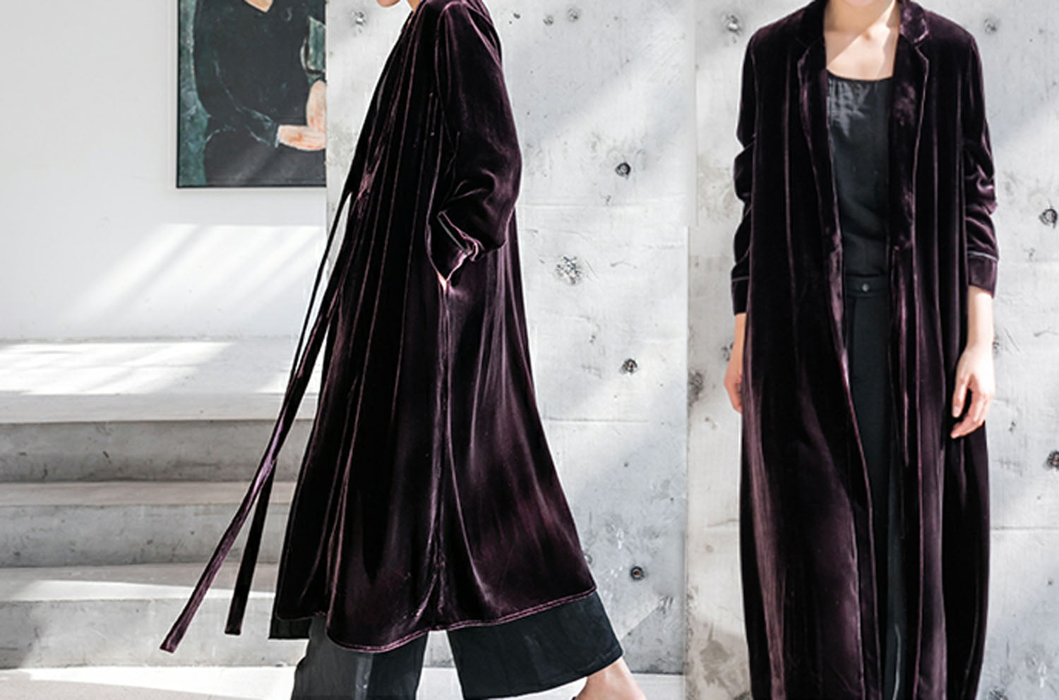 edoa Silk Velvet Modified Trench Coat 