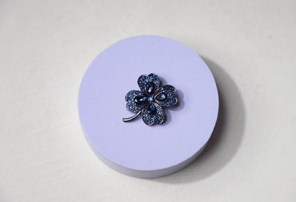 edoa  Dainty Deep Blue Crystal Clover Brooch