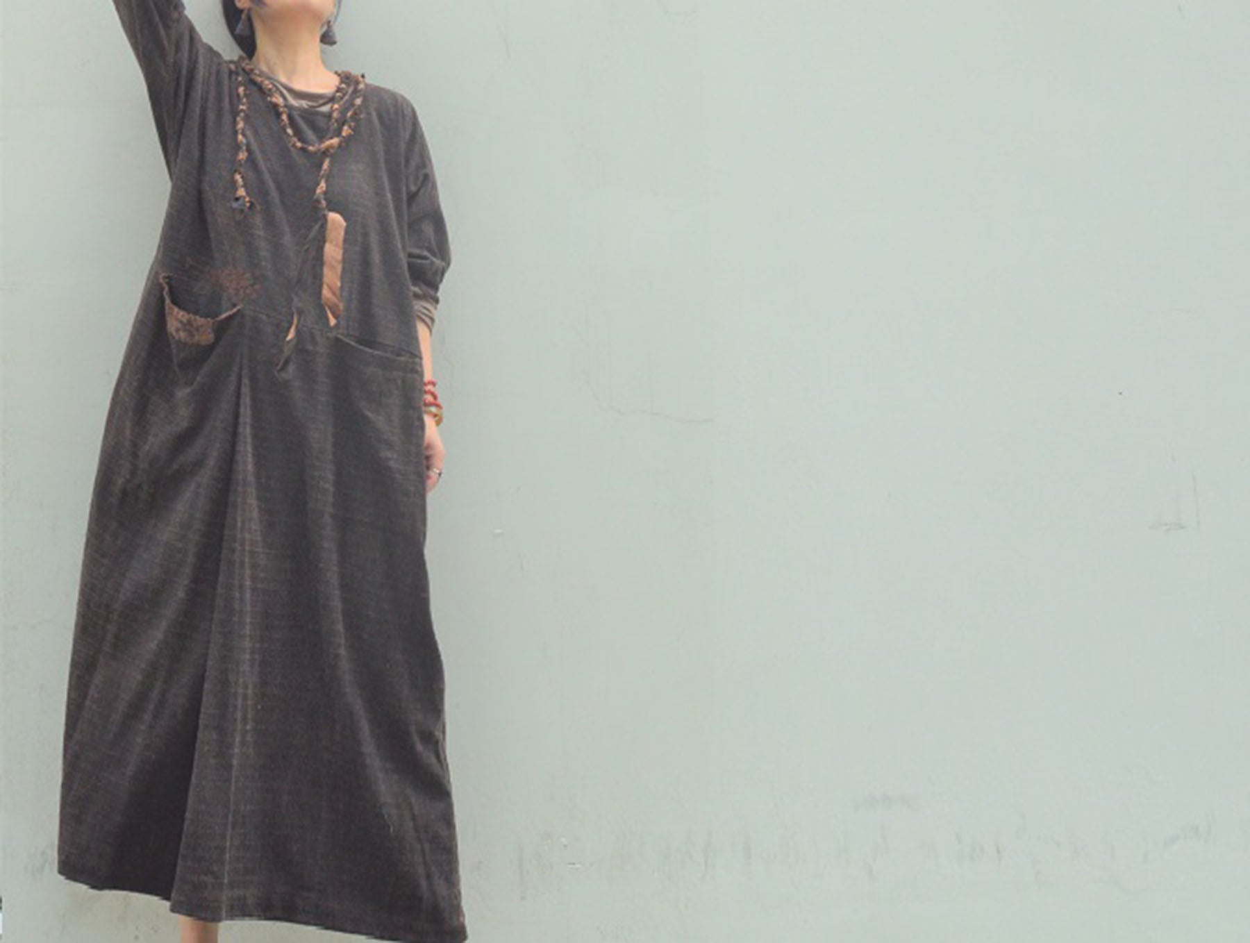 edoa Mud Tussah Silk Jacquard Loose Fitting Long Dress