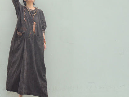 edoa Mud Tussah Silk Jacquard Loose Fitting Long Dress