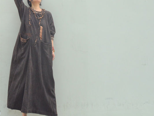 edoa Mud Tussah Silk Jacquard Loose Fitting Long Dress
