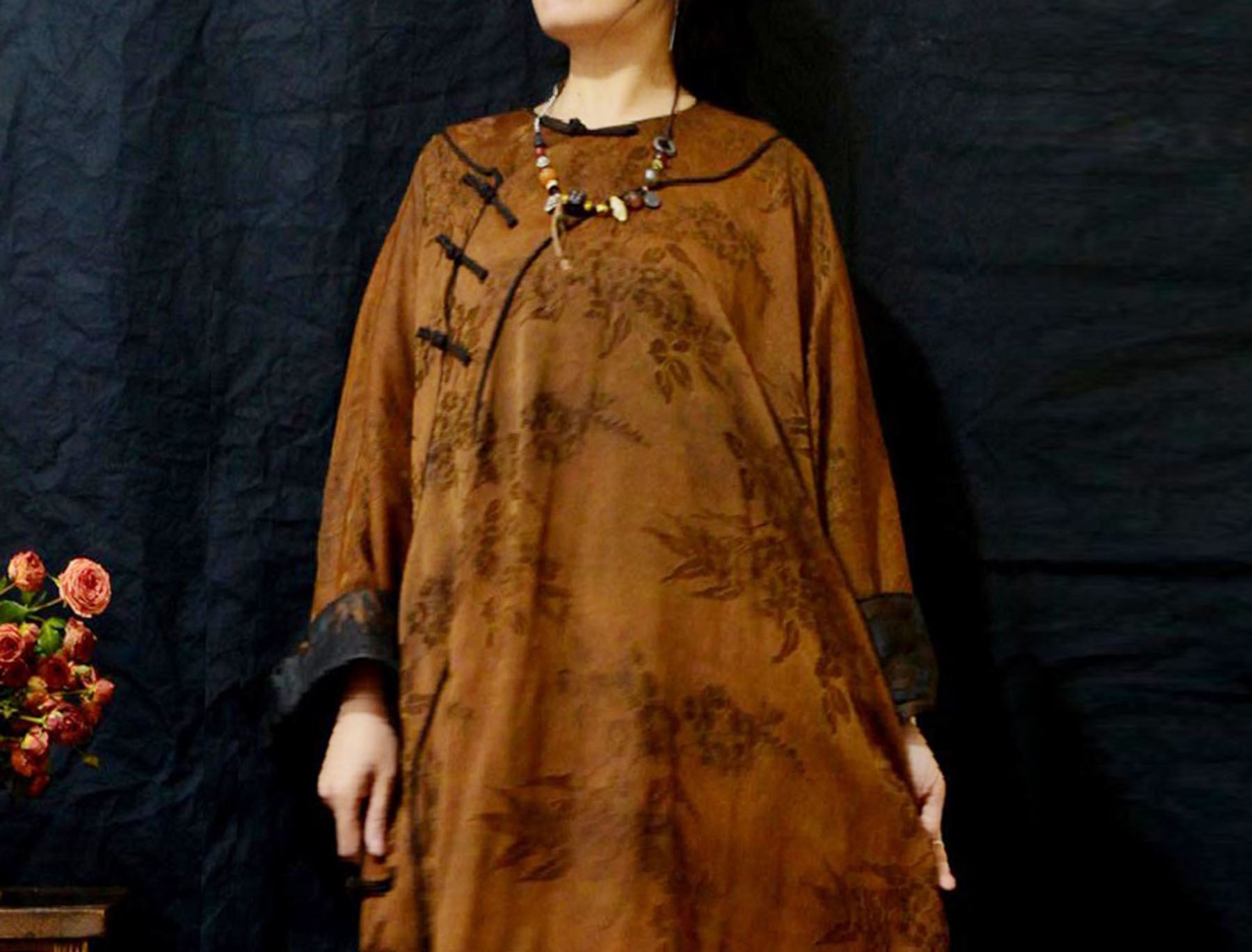 edoa Mud Silk Rayon Blend Jacquard Qipao