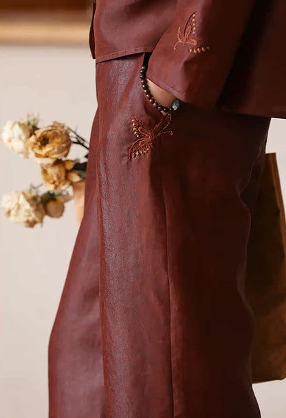 edoa Cracked Mud Silk Habotai Pants with Hand Embroidery of Butterfly
