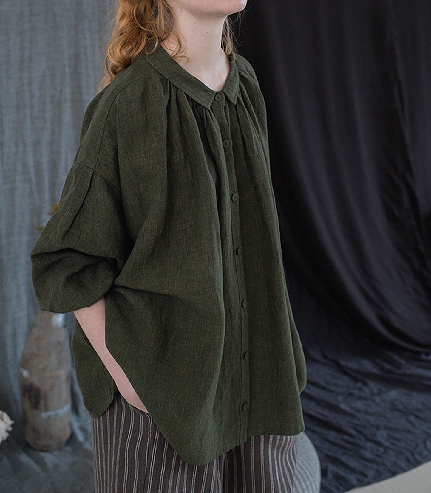 edoa Forest Green Linen Peter Pan Collar Babydoll Shirt