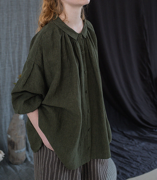 edoa Forest Green Linen Peter Pan Collar Babydoll Shirt