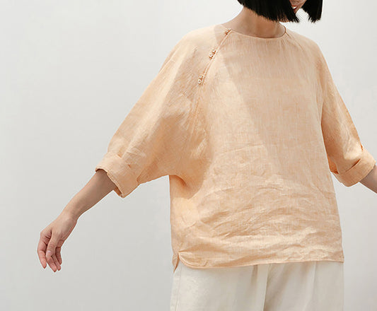 edoa  Loose Fit Yarn Dyed Linen Chinese T-shirt