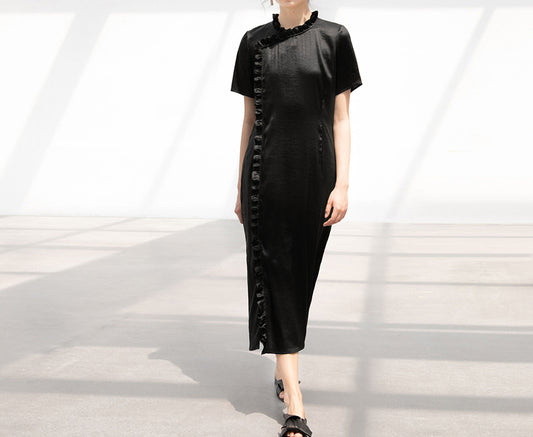 edoa Mud Silk Charmeuse Ruffle Qipao