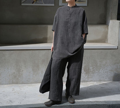 edoa Cracked Mud Silk Half Sleeves Chinese Shirt