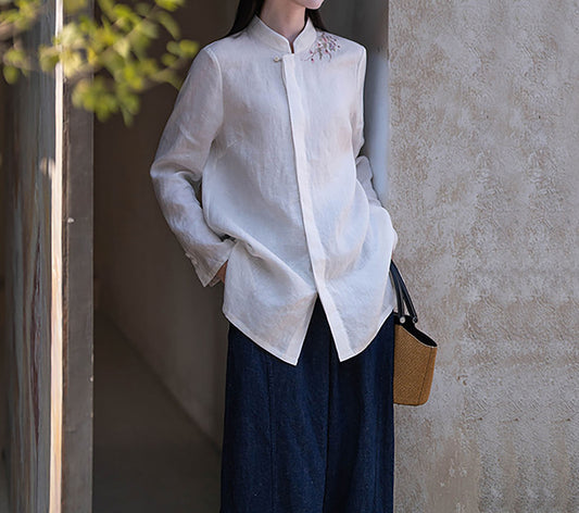 edoa White Linen Chinese Blouse with Hand Embroidery