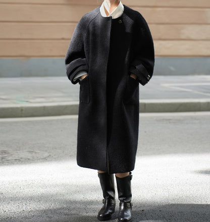 edoa Black Loop-Yarns Wool Trapeze Coat