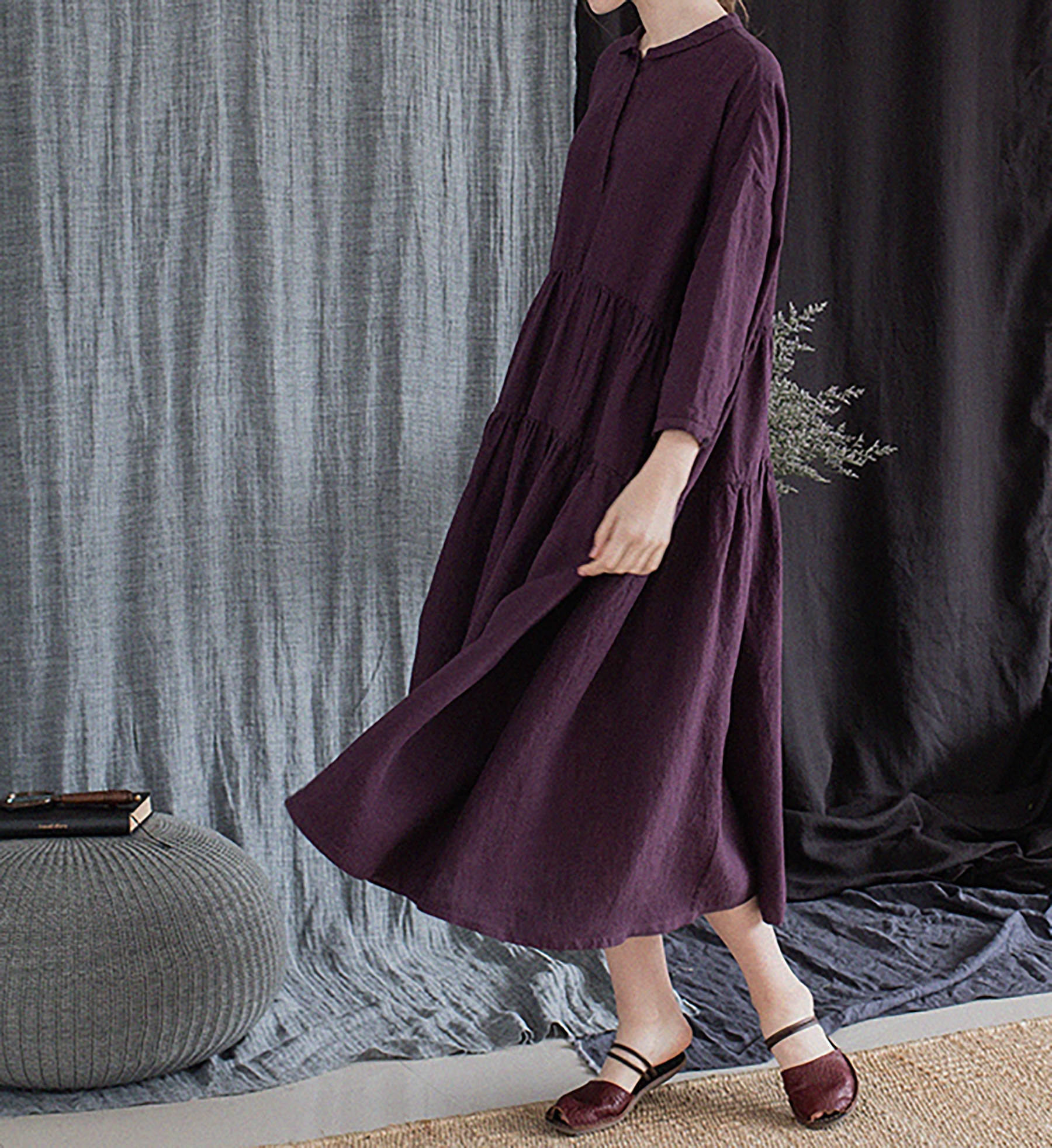edoa Grape Purple Linen Peter Pan Collar Tiered Dress