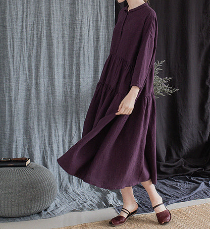 edoa Grape Purple Linen Peter Pan Collar Tiered Dress