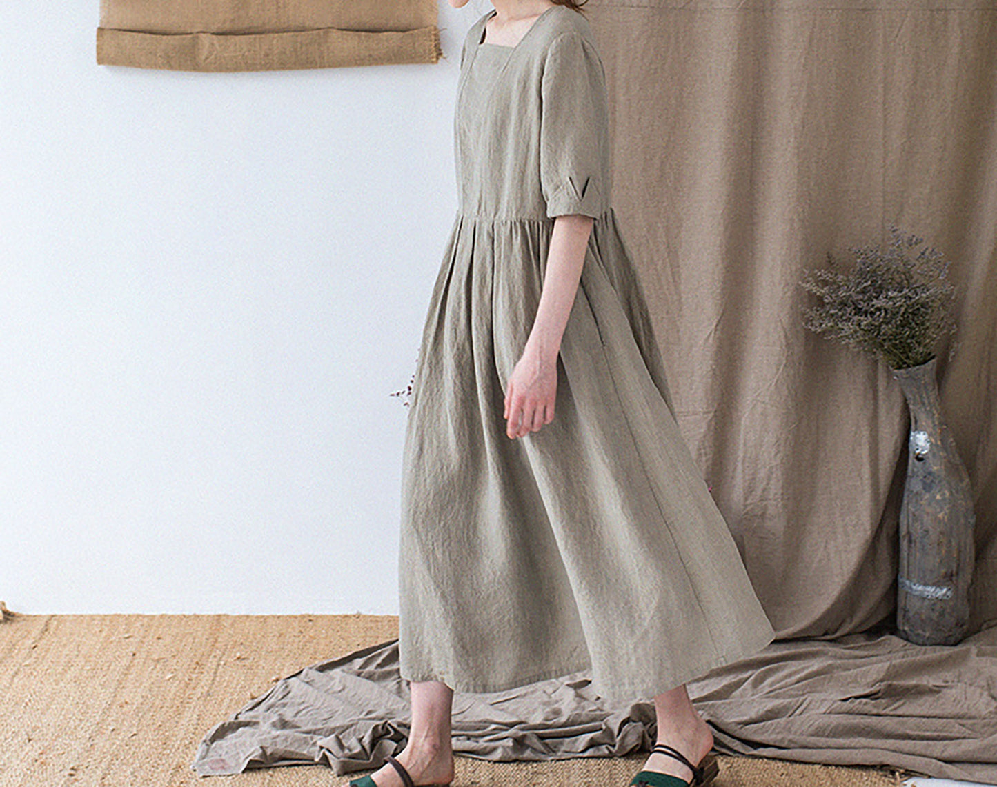 edoa Yarn dyed French Linen Square Neck Half Sleeve Dress