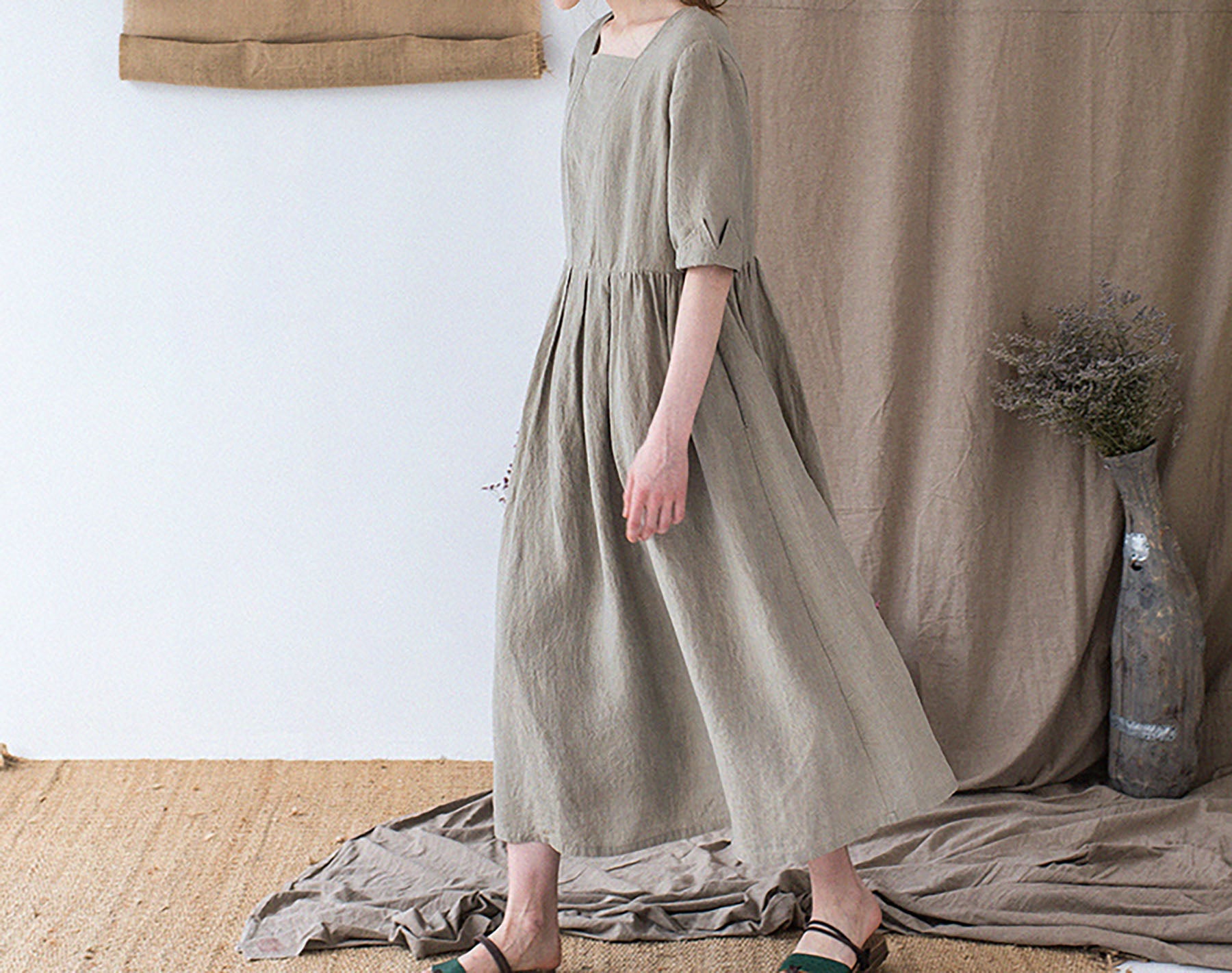 edoa Yarn dyed French Linen Square Neck Half Sleeve Dress