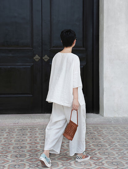 edoa Loose Heavy Weight Washed Linen Wide-leg Pants