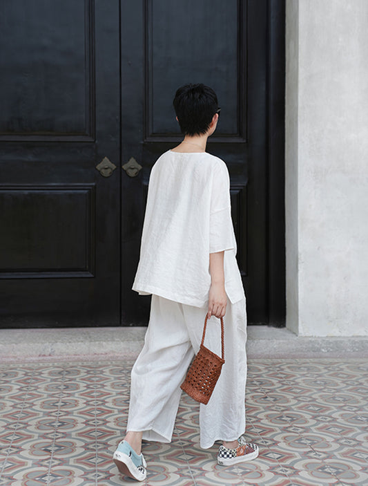 edoa Loose Heavy Weight Washed Linen Wide-leg Pants