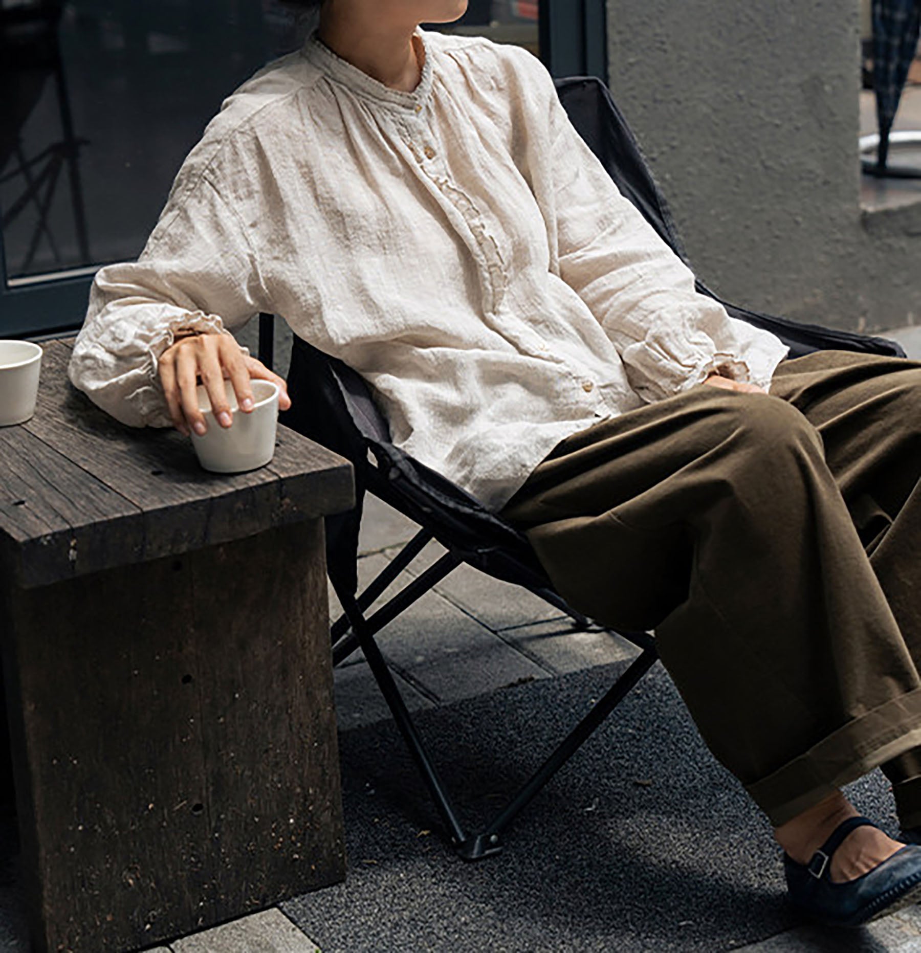 edoa Flax Linen Ruffled Blouse