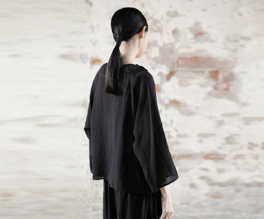 edoa Detachable Ruffle Collar Ramie Flared Blouse