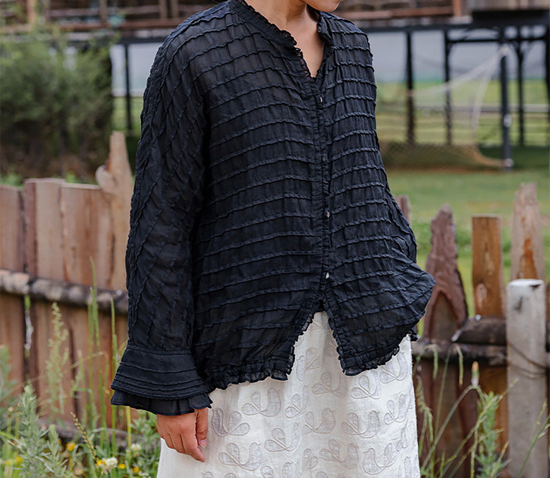 edoa Long Sleeve Ramie Pintuck Ruffle Blouse