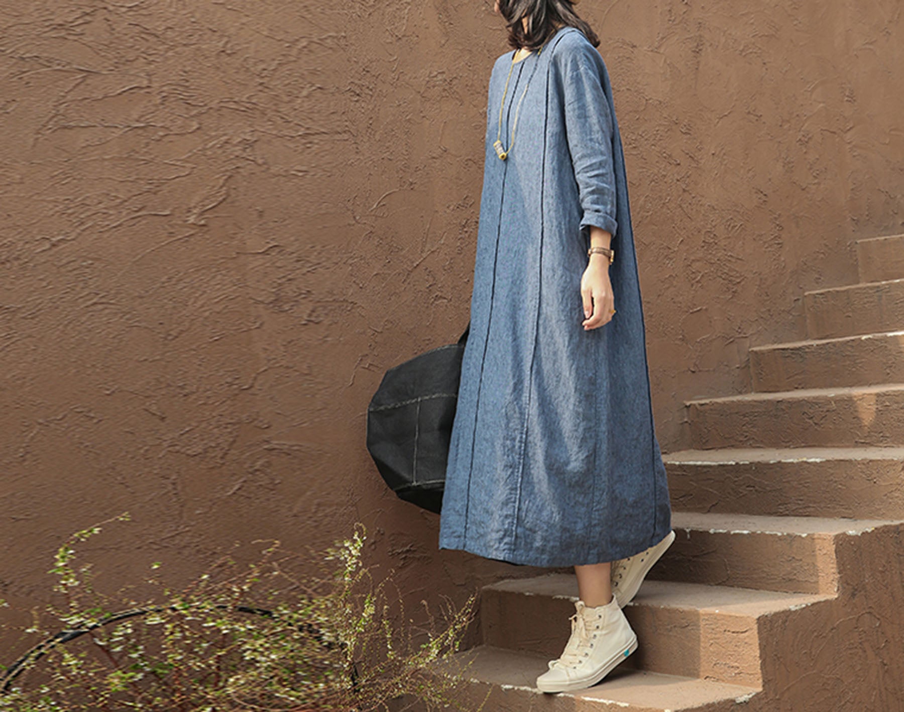 edoa Yarn Dyed Linen Dress with Pintucks 