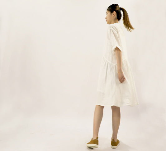 edoa Stand Collar Washed Linen Shirt Dress