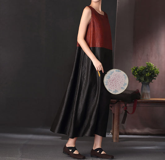 edoa Cracked Mud Silk Color Block Sleeveless Dress