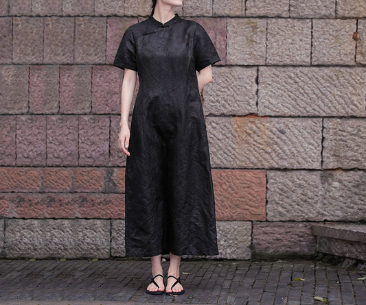 edoa Mud Silk Linen blend Jacquard Qipao